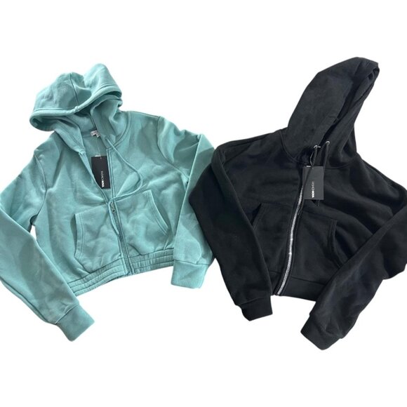 Fashion Nova Crop tops Sweater Size S Black / Blue  Front Pocket Zip up - Picture 1 of 9